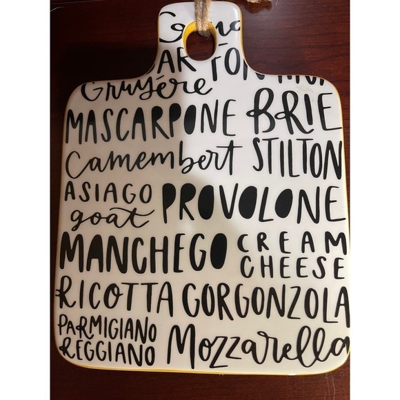 Earthenware Ceramic Cheese Board White With Black Lettering & Yellow Accent Edge - Picture 6 of 6